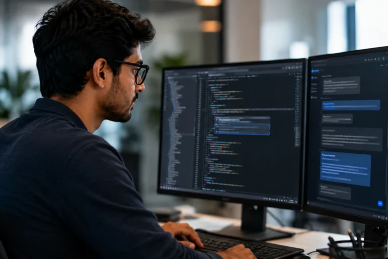 Developer coding with AI on dual monitors