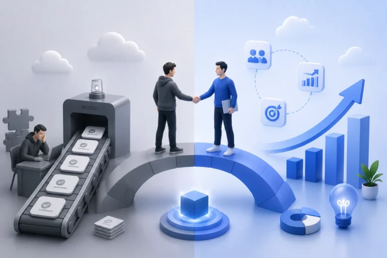 Business process evolving from manual work to digital growth.