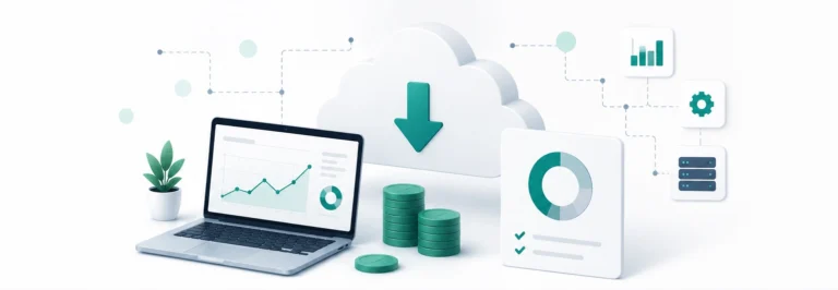 Illustration of cloud cost savings with a laptop showing growth charts, stacked coins, a cost breakdown report, and connected infrastructure icons