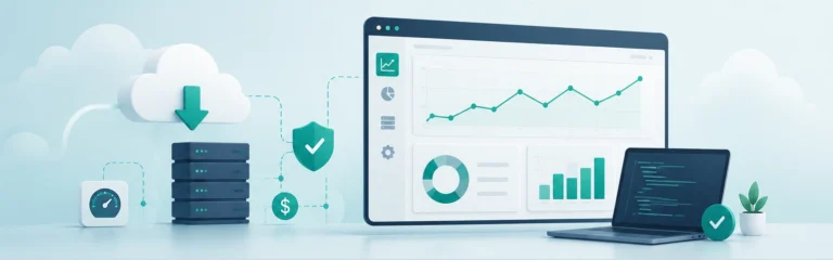 Dashboard illustration showing cloud cost monitoring with performance graphs, server racks, security shield, and billing icons