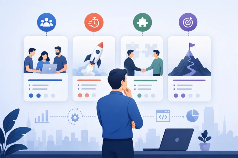 Illustration comparing startup engineering teams, speed, collaboration, and project fit