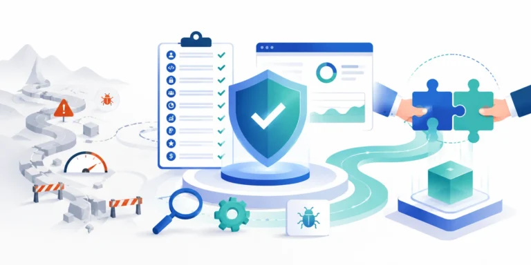Software testing checklist showing QA evaluation, security, test coverage, risk reduction, and successful engineering delivery