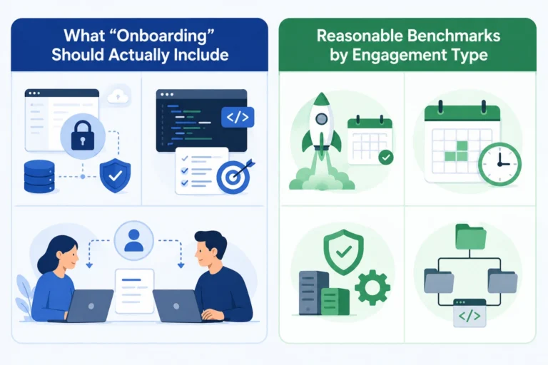 Visual showing key vendor onboarding components and reasonable benchmarks for different software engagement types