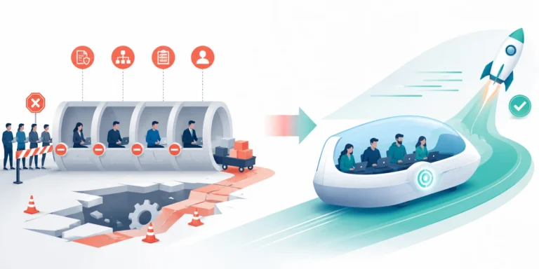 Illustration comparing slow enterprise IT delivery with a streamlined engineering team delivering faster