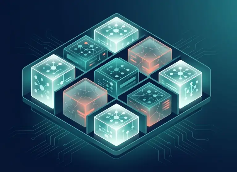 Isometric 3D visual representing technical debt portfolio management, featuring glowing teal software modules and coral-accented risk blocks organized in a balanced grid layout on a deep navy background.