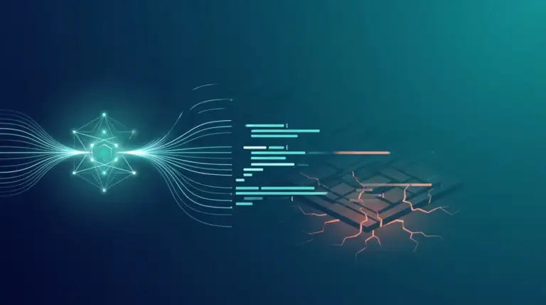 Glowing teal AI agent generating digital code streams over an unstable software foundation with glowing coral cracks, illustrating technical debt from AI-generated code.