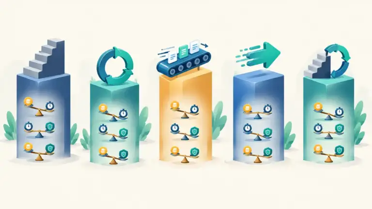 Five pedestals comparing Waterfall, Scrum, Kanban, Lean and hybrid methodologies on cost, speed and risk