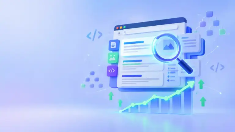 Browser window built from UI components being scanned by a magnifying glass, representing React JS SEO