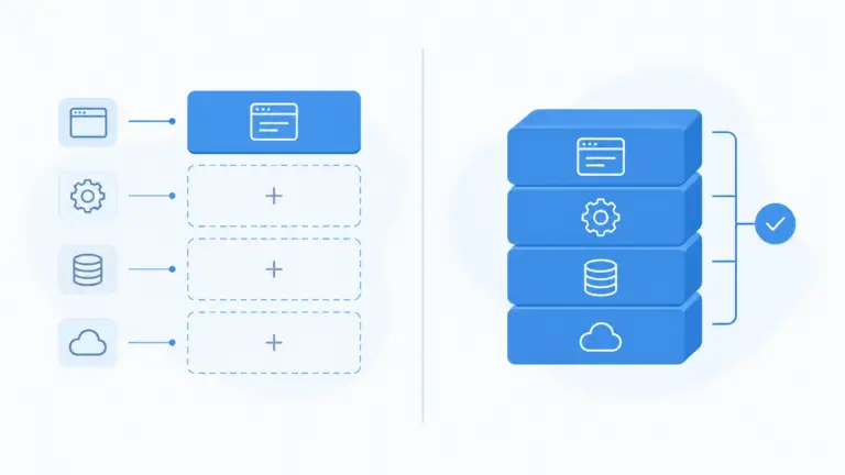 Diagram showing React as a view-layer library versus Angular as a full application framework with routing, HTTP and forms built in