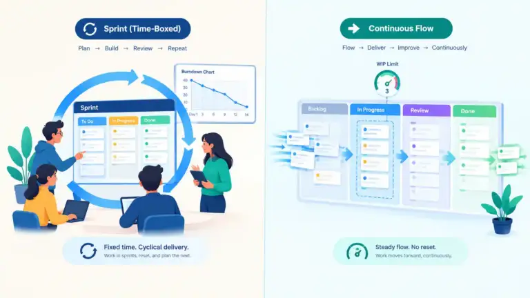 Split illustration comparing Scrum's fixed sprint cycles with Kanban's continuous flow of task cards
