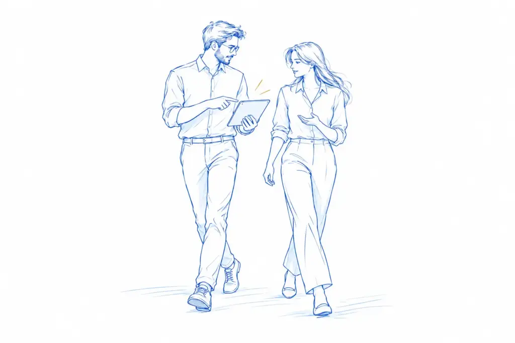 Conceptual illustration of colleagues discussing a project as they walk
