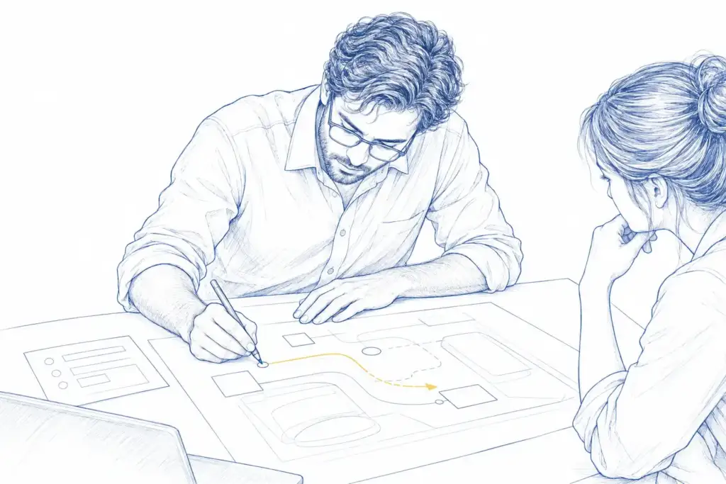 Conceptual illustration of engineers considering an alternative approach together