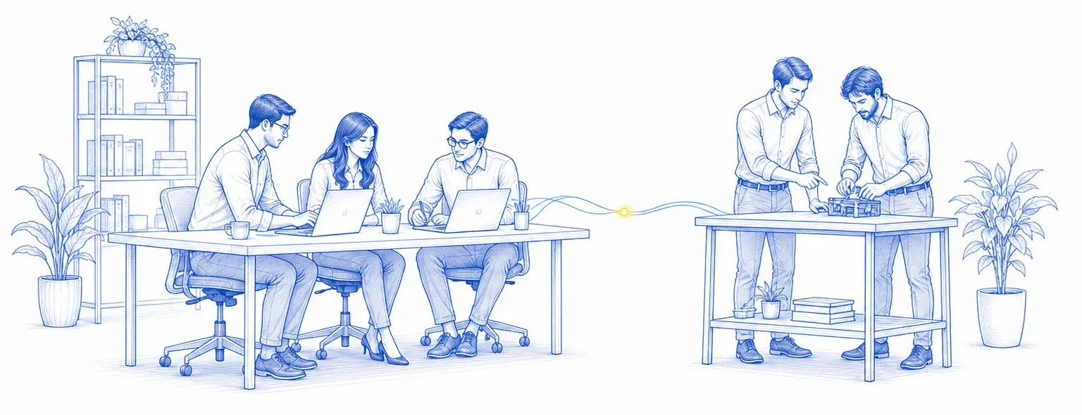 A dedicated team working together, connected to engineers supporting a focused project